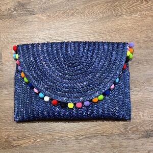 Straw Pom-Pom Navy Clutch